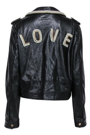 Current Boutique-Twinset - Black Faux Leather Moto Jacket w/ Embellished "Love" Logo Sz 12