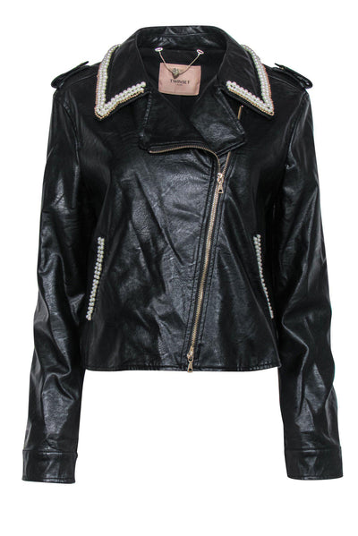 Current Boutique-Twinset - Black Faux Leather Moto Jacket w/ Embellished "Love" Logo Sz 12
