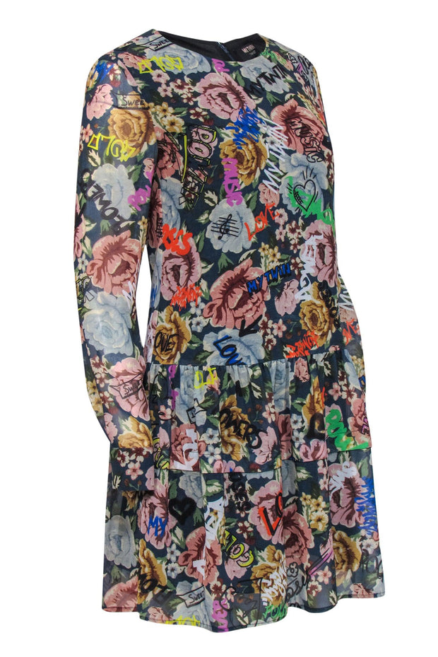 Current Boutique-Twinset - Navy & Multicolor Floral & Graffiti Print Drop Waist Dress Sz XS