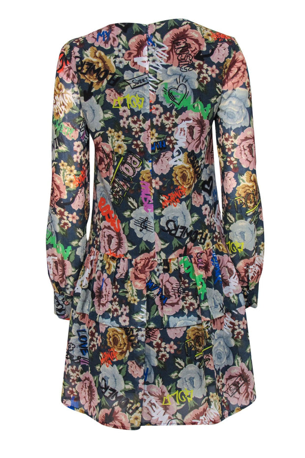 Current Boutique-Twinset - Navy & Multicolor Floral & Graffiti Print Drop Waist Dress Sz XS