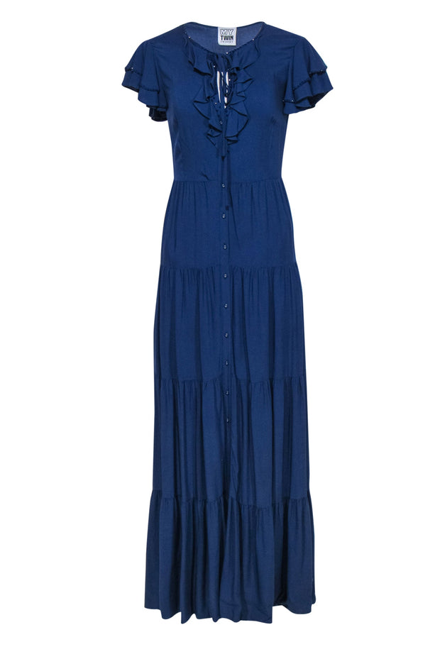 Current Boutique-Twinset - Navy Tiered Button-Up Maxi Dress w/ Beaded & Ruffled Trim Sz XXS