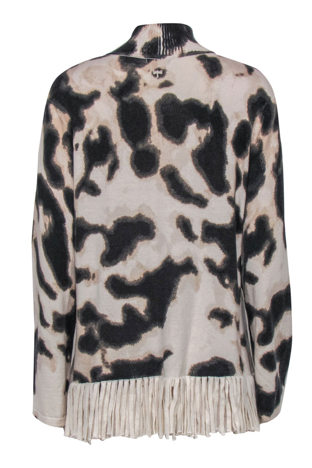 Current Boutique-Tyler Boe - Cream & Brown Leopard Print Turtleneck Sweater w/ Fringed Hem Sz L