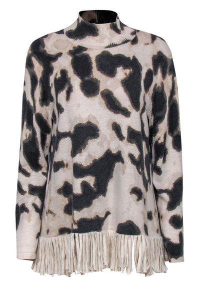 Current Boutique-Tyler Boe - Cream & Brown Leopard Print Turtleneck Sweater w/ Fringed Hem Sz L