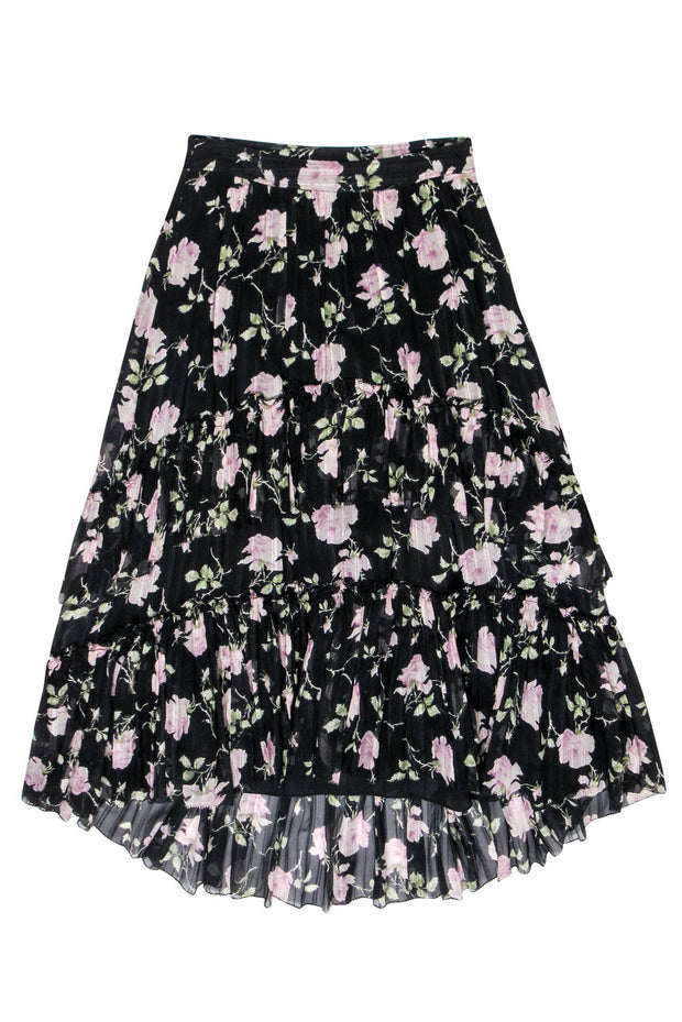 Current Boutique-Ulla Johnson - Black & Purple Floral Print Tiered Silk Maxi Skirt Sz 6