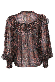 Current Boutique-Ulla Johnson - Black & Rust Metallic Floral Print Ruffled Puff Sleeve Blouse Sz 6
