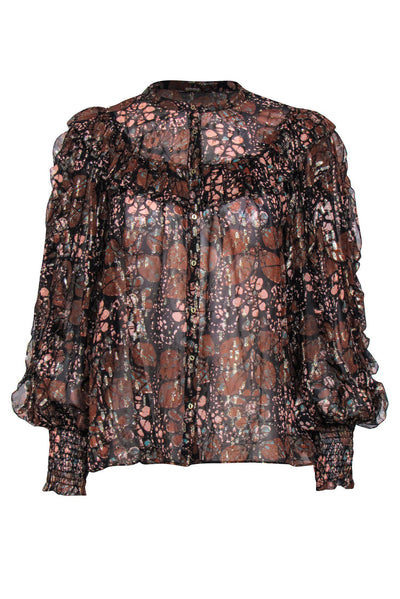 Current Boutique-Ulla Johnson - Black & Rust Metallic Floral Print Ruffled Puff Sleeve Blouse Sz 6