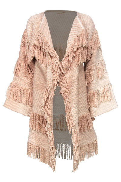 Current Boutique-Ulla Johnson - Blush Knitted Longline Fringe Open Cardigan Sz M/L