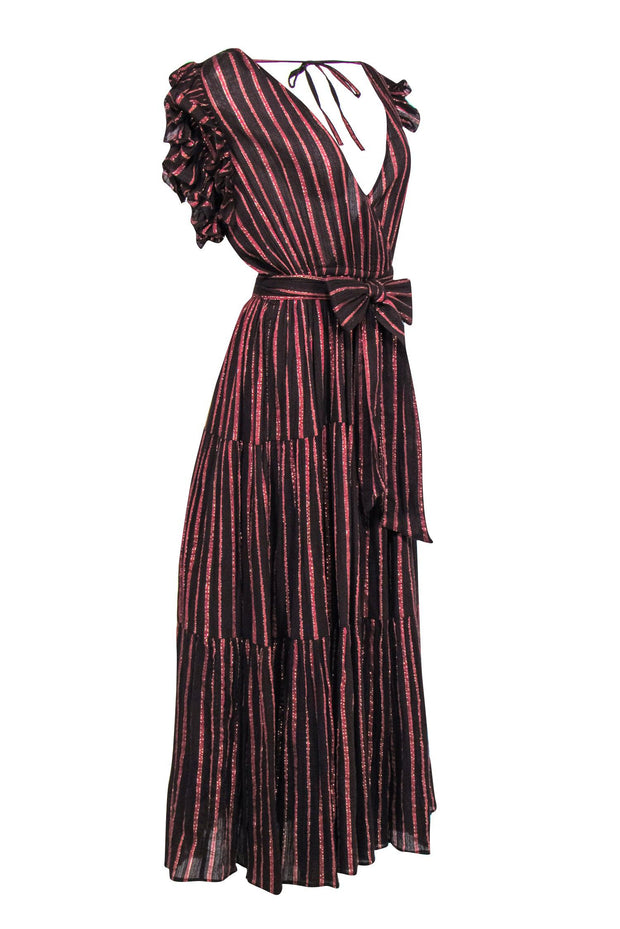 Current Boutique-Ulla Johnson - Brown & Rose Gold Stripe Cotton Maxi Dress w/ Ruffle Shoulders Sz 6