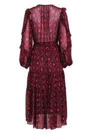 Current Boutique-Ulla Johnson - Burgundy & Red Print Silk Midi Dress w/ Tie Sz 10