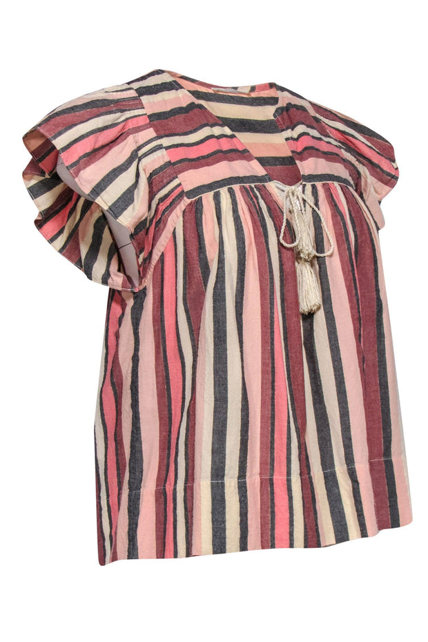 Current Boutique-Ulla Johnson - Pink, Grey, Cream & Gold Striped Flutter Sleeve Top w/ Tassels Sz 8