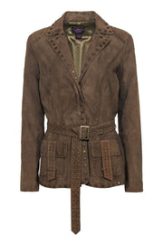 Current Boutique-VS2 by VAKKO - Olive Suede Studded Snap-Up Belted Jacket Sz L