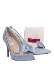 Current Boutique-Valentino - Baby Blue Velour Pointed Toe Pumps w/ Clear Trim & Clip On Bows Sz 9.5