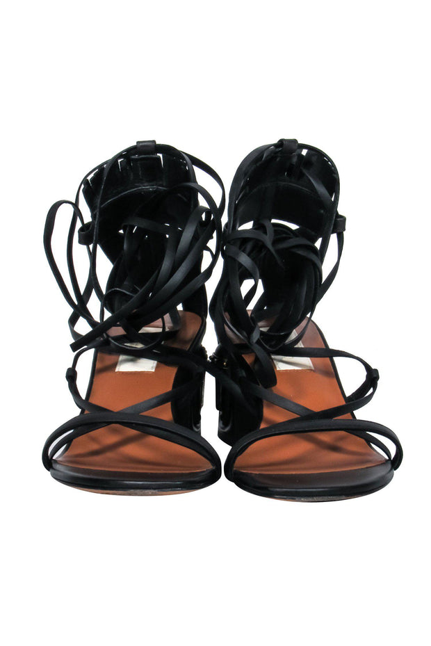 Current Boutique-Valentino - Black Leather Lace-Up Block Heel Pumps w/ Tribal Hardware Sz 7
