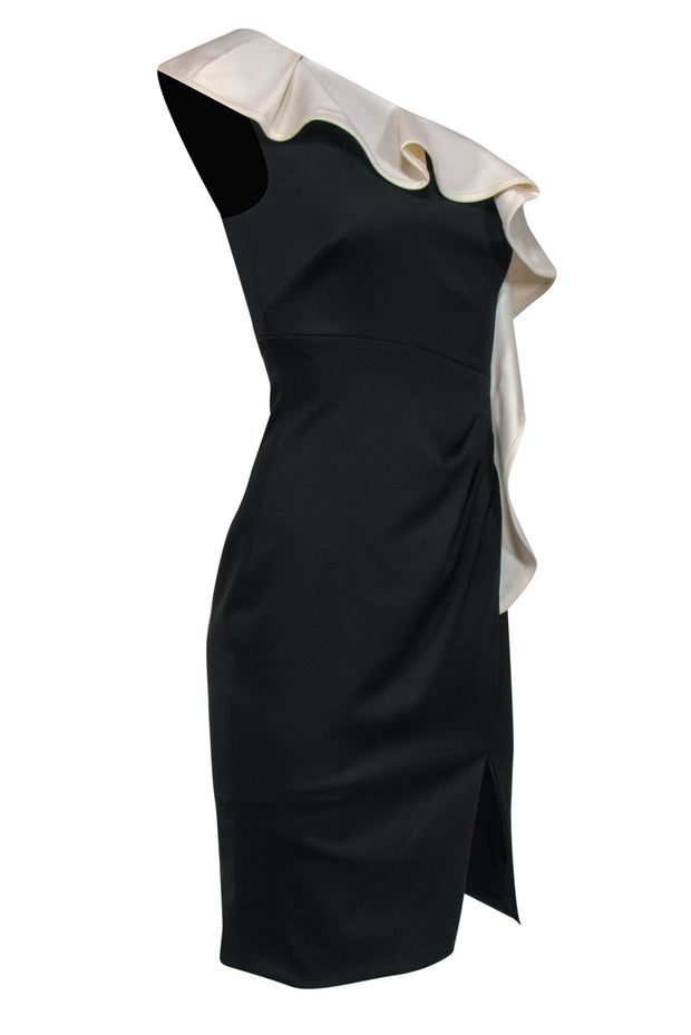 Current Boutique-Valentino - Black One Shoulder Sheath Cocktail Dress w/ Ivory Ruffle Sz 4