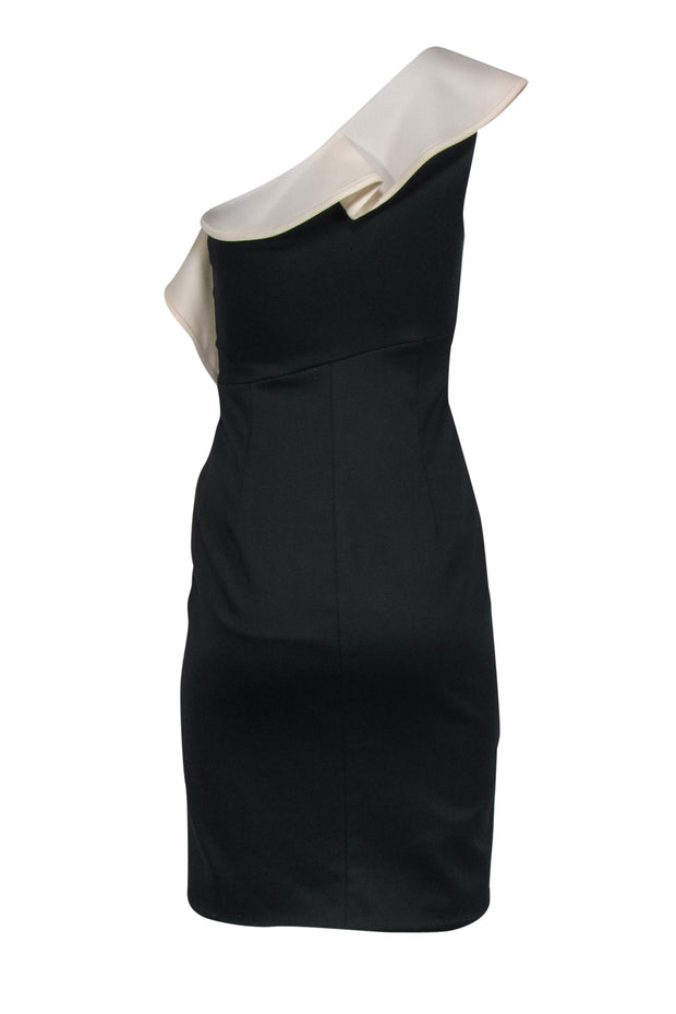 Current Boutique-Valentino - Black One Shoulder Sheath Cocktail Dress w/ Ivory Ruffle Sz 4