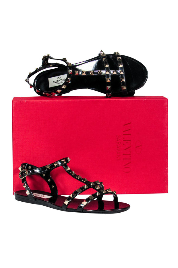 Current Boutique-Valentino - Black Patent Leather Studded Strappy Sandals Sz 7