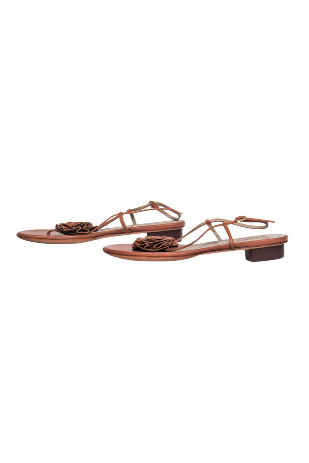 Current Boutique-Valentino - Brown Leather Strappy Heeled Sandals w/ Rosette Design Sz 9