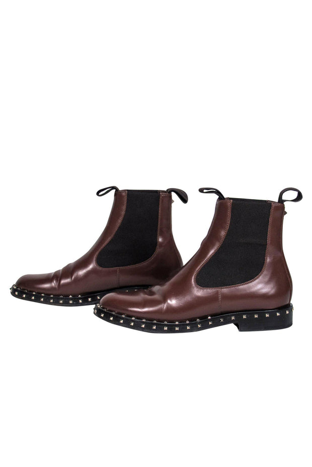 Current Boutique-Valentino - Brown Leather Studded Chelsea Booties Sz 6.5