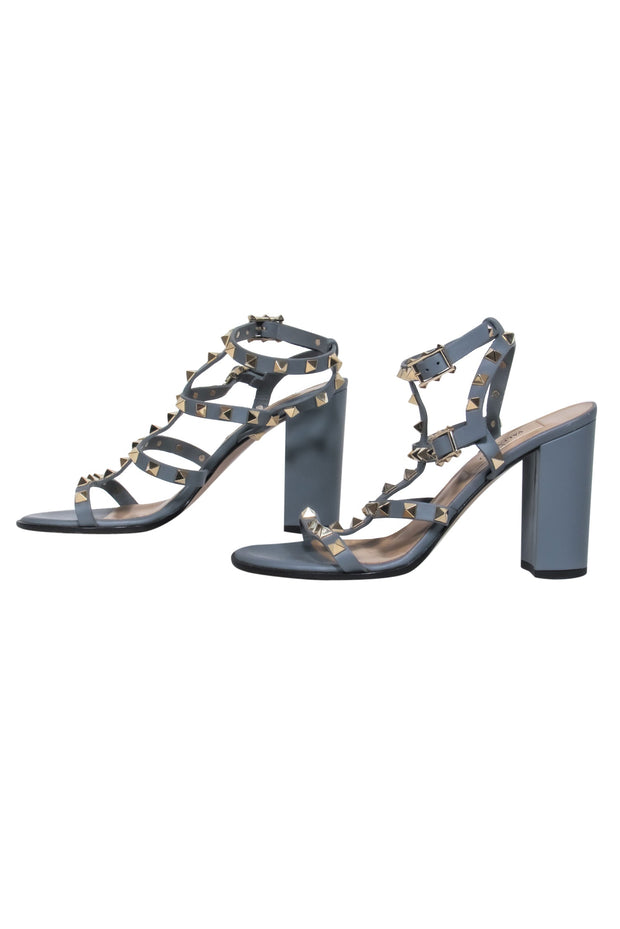 Current Boutique-Valentino - Dusty Grey Rockstud Strappy Heels w/ Double Clasp Sz 6