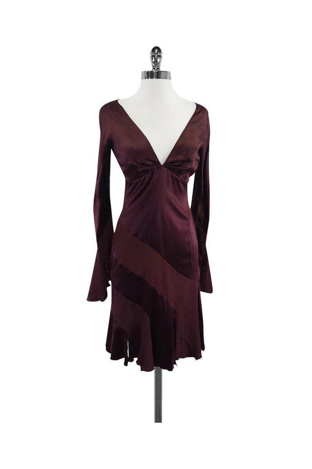 Current Boutique-Valentino - Maroon Long Sleeve Silk Tulip Hem Dress Sz 4