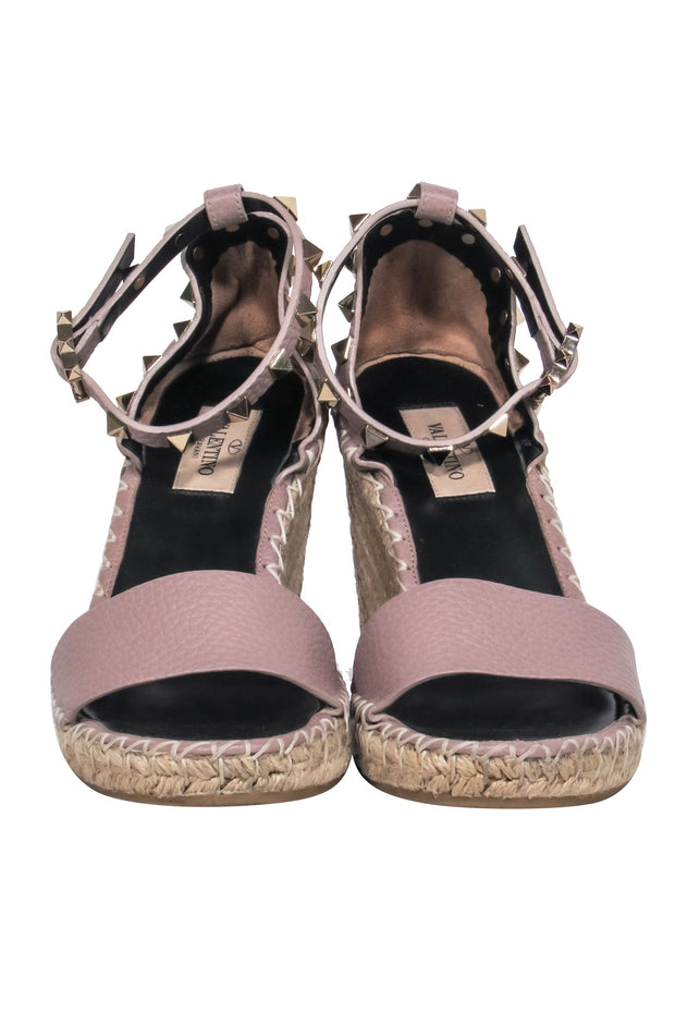Current Boutique-Valentino - Nude Calfskin Leather Espadrille Rock-Stud Wedges w/ Ankle Strap Sz 7