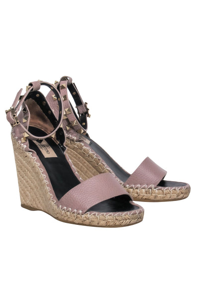 Current Boutique-Valentino - Nude Calfskin Leather Espadrille Rock-Stud Wedges w/ Ankle Strap Sz 7
