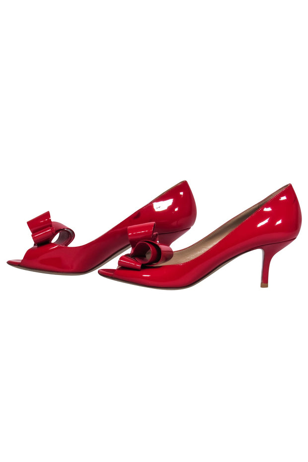 Current Boutique-Valentino - Red Patent Leather Open Toe Kitten Heels w/ Bow Sz 8.5