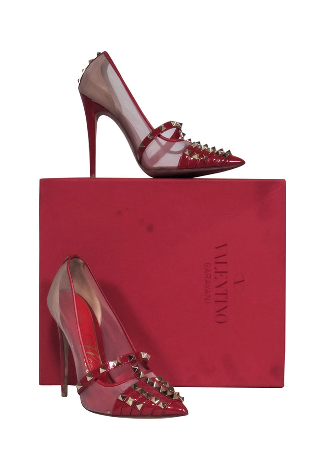 Valentino Red & Mesh Studded Caged Pointed Toe "Rockstud" Pum Current Boutique