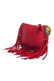 Current Boutique-Valentino - Red Textured Leather Fringed Zippered Clutch w/ Beetle Handle