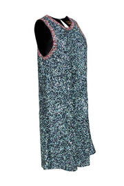 Current Boutique-Varun Bahl - Blue Sequin Sleeveless Shift Dress w/ Floral Embroidered Trim Sz 8