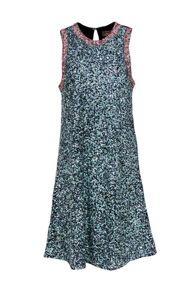 Current Boutique-Varun Bahl - Blue Sequin Sleeveless Shift Dress w/ Floral Embroidered Trim Sz 8