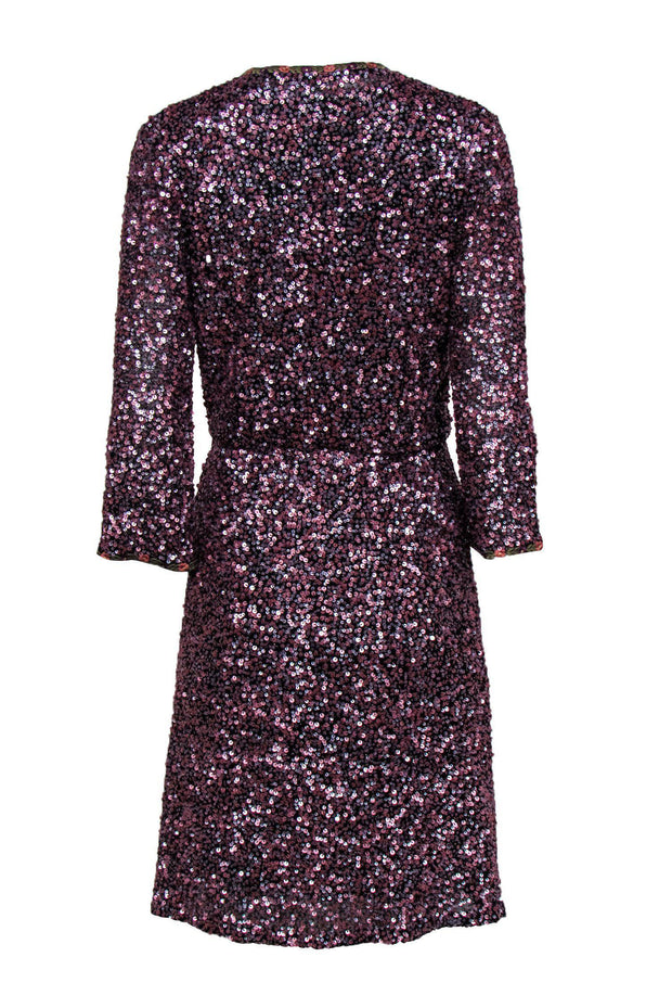 Current Boutique-Varun Bahl - Purple Sequin Fit & Flare Dress w/ Floral Embroidered Trim Sz 4