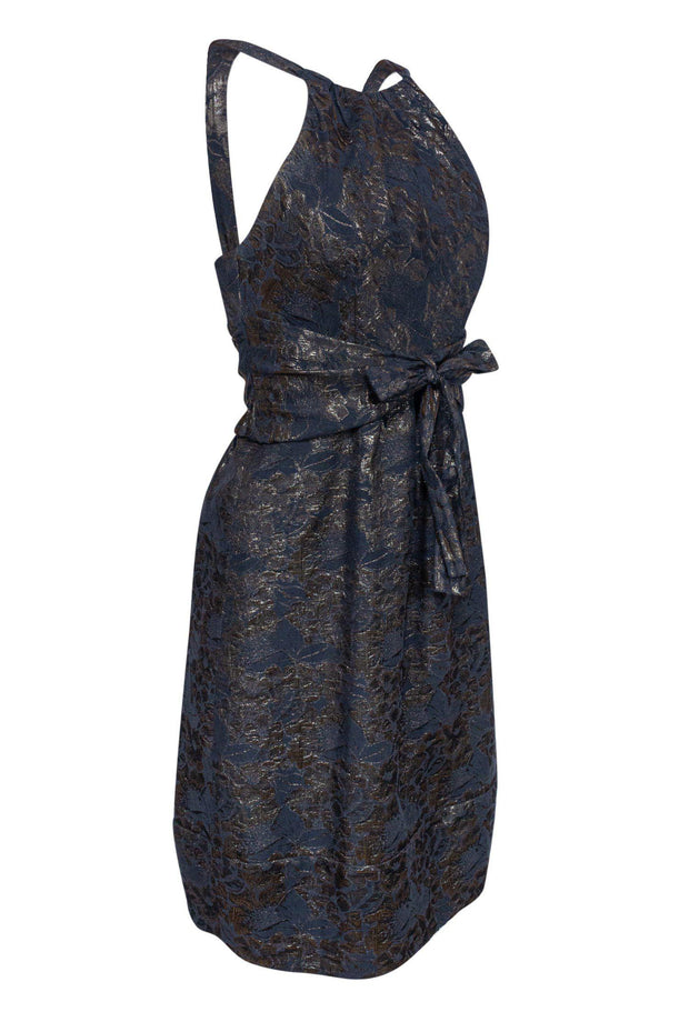 Current Boutique-Vera Wang - Black & Dark Bronze Tie-Front Jacquard Dress Sz 4