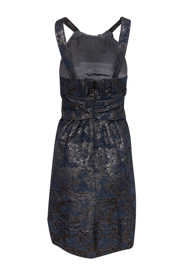 Current Boutique-Vera Wang - Black & Dark Bronze Tie-Front Jacquard Dress Sz 4
