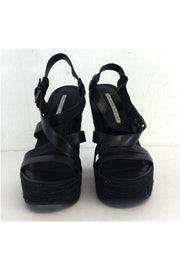 Current Boutique-Vera Wang Lavender Label - Black Leather Espadrille Wedges Sz 6.5