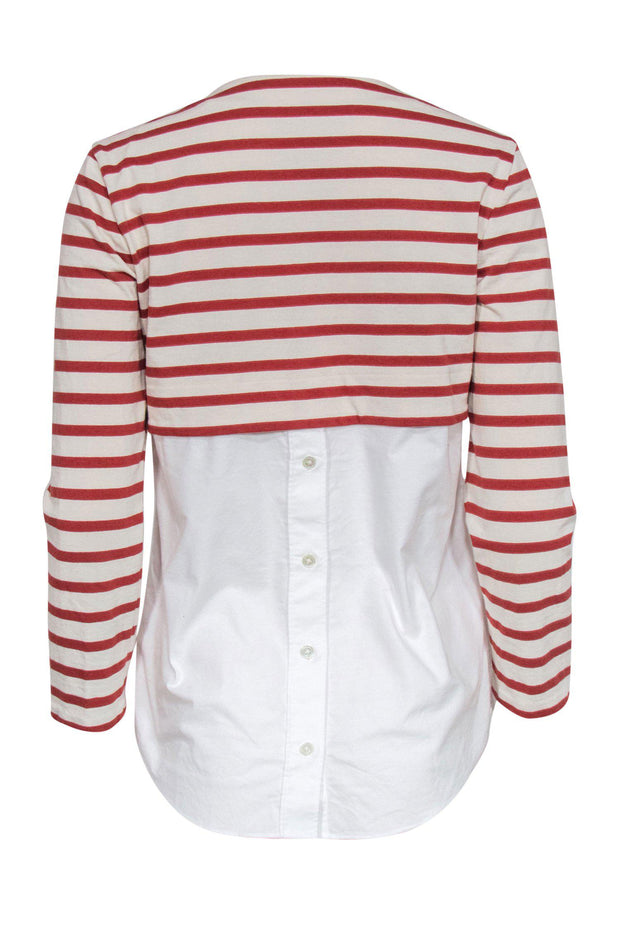 Current Boutique-Veronica Beard - Beige & Rust Striped Long Sleeve Blouse w/ Button-Up Underlay Sz M