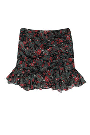 Current Boutique-Veronica Beard - Black, Red & Green Floral Print Ruched Miniskirt w/ Ruffles Sz 4