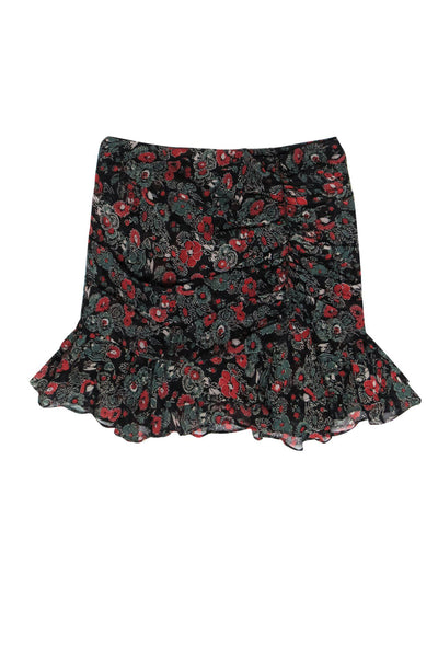 Current Boutique-Veronica Beard - Black, Red & Green Floral Print Ruched Miniskirt w/ Ruffles Sz 4