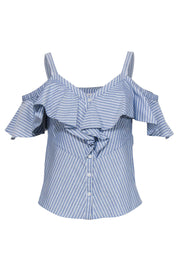 Current Boutique-Veronica Beard - Blue & White Striped Button-Up Blouse w/ Off-the-Shoulder Design