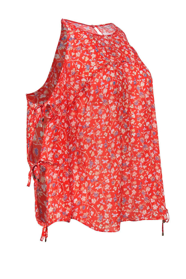 Current Boutique-Veronica Beard - Bright Orange Silk Floral Cold Shoulder Top Sz 12