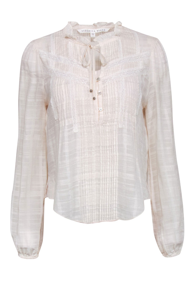 Current Boutique-Veronica Beard - Cream Cotton Blouse w/ Bohemian Collar & Pleats Sz 4