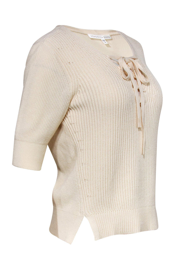 Current Boutique-Veronica Beard - Cream Ribbed Lace-Up Short Sleeve Sweater Sz M
