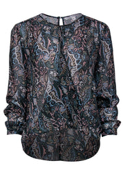 Current Boutique-Veronica Beard - Dark Green, Blue, & Pink Paisley Print High-Low Silk Blouse Sz 6