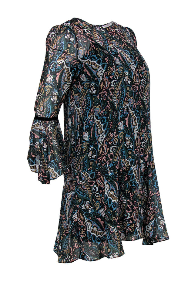 Current Boutique-Veronica Beard - Dark Green & Multicolored Paisley Print Bell Sleeve Silk Drop Waist Dress Sz 4