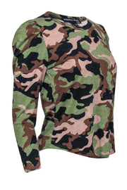 Current Boutique-Veronica Beard - Green, Black & Brown Camouflage Print Puff Sleeve "Porter" Top Sz S
