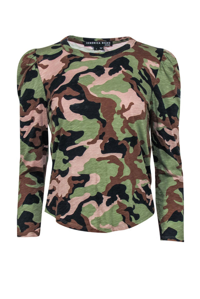 Current Boutique-Veronica Beard - Green, Black & Brown Camouflage Print Puff Sleeve "Porter" Top Sz S