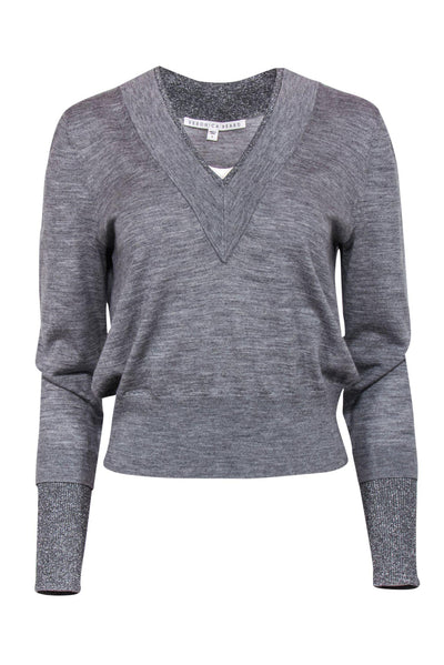 Current Boutique-Veronica Beard - Grey V-Neck Sweater w/ Sparkly Underlay Trim Sz S