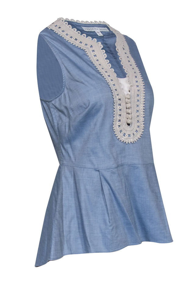 Current Boutique-Veronica Beard - Light Blue Sleeveless Peplum Top w/ Cream Embroidery Sz 6