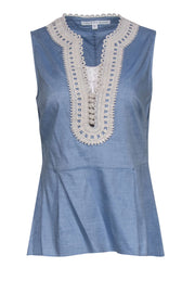 Current Boutique-Veronica Beard - Light Blue Sleeveless Peplum Top w/ Cream Embroidery Sz 6