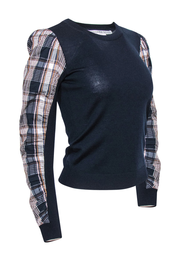 Current Boutique-Veronica Beard - Navy Puff Sleeve "Adler Mixed Media" Wool Sweater w/ Plaid Trim Sz XS